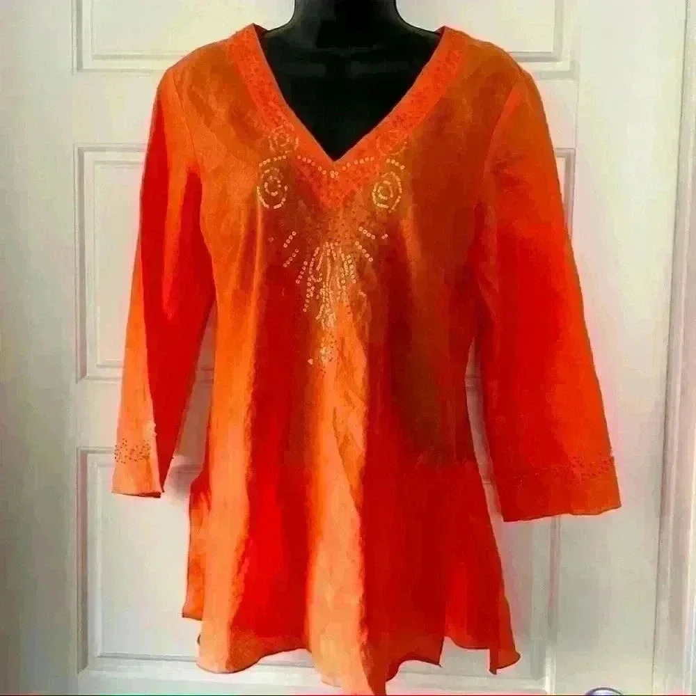 ALISSON TAYLOR ORANGE LINNEN V  NECK TUNIC SIZE MEDIUM